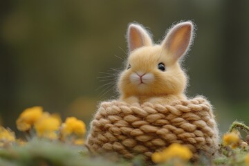 Fototapeta premium A cute, fluffy bunny sitting in a woven basket among vibrant flowers.