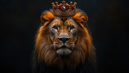 Fototapeta premium Majestic lion with a crown, black background, powerful and regal pose