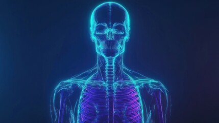 3D hologram of human anatomy and skeleton glowing in blue and green neon light. Ideal for medical or technology advertising