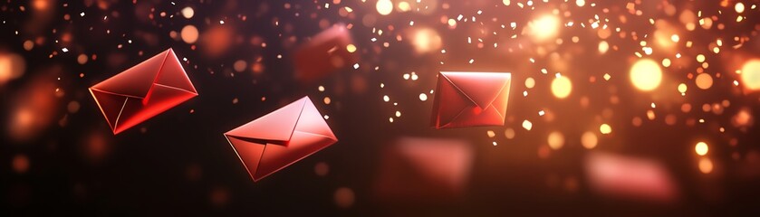 Floating red envelopes with a shimmering bokeh background, perfect for themes of communication and celebration.