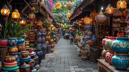 Fototapeta premium Indonesian Market Colorful Pottery Lanterns Souvenirs Handicrafts