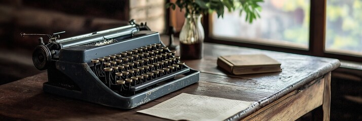 A retro typewriter sits on a rustic table, symbolizing creativity and the art of writing in a timeless setting.