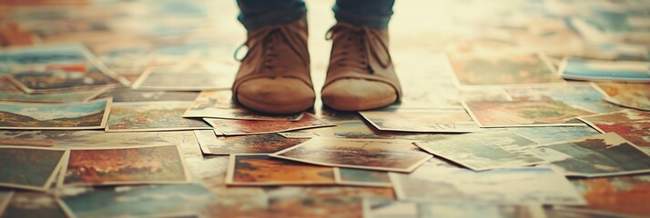 A pair of brown shoes stands amidst a collage of photos, relating to the journey of life and memories.