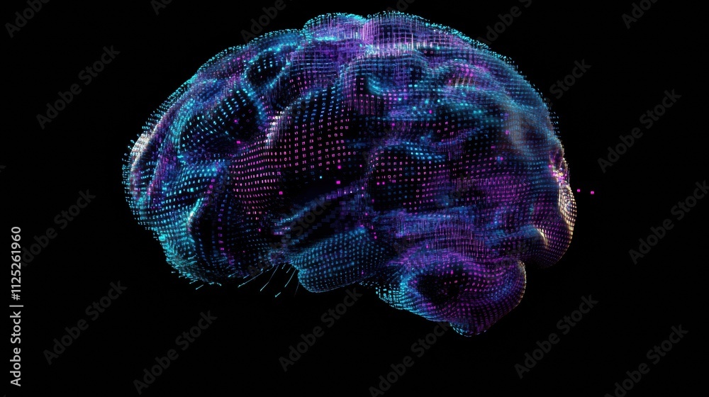Poster A digital brain constructed from glowing grids exhibits blue and purple hues along with binary code against a dark background, inviting exploration. Generative AI