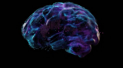 A digital brain constructed from glowing grids exhibits blue and purple hues along with binary code against a dark background, inviting exploration. Generative AI