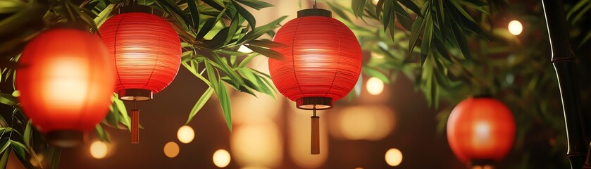 Obraz premium Colorful red lanterns hanging amidst greenery, creating a festive atmosphere.