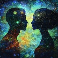 Obraz premium Man and woman silhouettes at abstract cosmic background