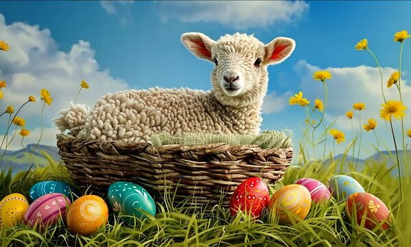 spring video banner Frohe Ostern - with german easter card with easter lamb and painted eggs in a basket with free space for inserting text