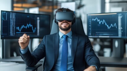 Professional Man Engaged in Virtual Reality Experience in Modern Office Environment with Financial Data on Computer Screens