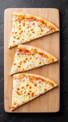 Three slices of pizza on a wooden cutting board