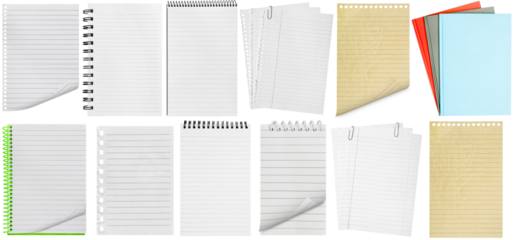 collection isolated spiral paper notebook and  page on the transparent backgrounds