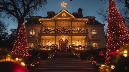 Fototapeta premium Elegant Christmas Mansion with Festive Lights and Decorations at Night