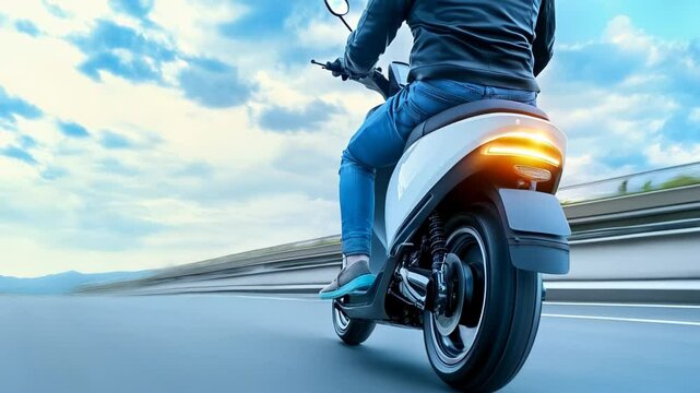 An individual rides an electric scooter along a highway, with a beautiful sky filling the backdrop and cityscape in the distance
