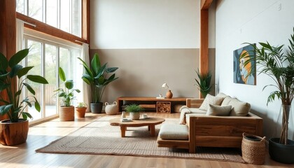 Natural living room with raw wood furniture, large green plants, woven rugs, and ample natural light filtering through wide windows