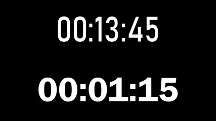 15 minutes digital clock animation from up and down. 15 minutes counts clock. Digits showing 15 minutes countdown animation on black background.