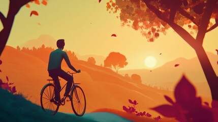 Fototapeta premium Sunset cyclist rides tranquil autumn landscape.