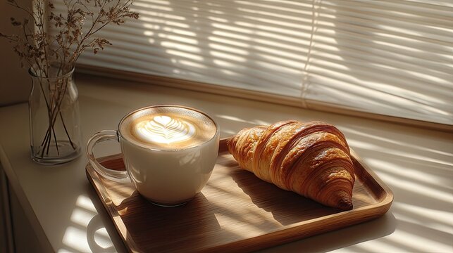 A latte with art foam and a buttery croissant on a wooden tray, with shadows of blinds creating a cozy mood