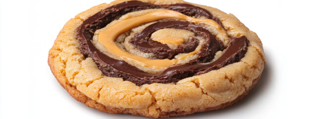 Fototapeta premium Delicious swirl cookie with rich chocolate and creamy caramel spiral on a golden-baked base, isolated on a white background.