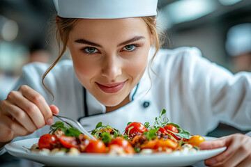 Smiling female chef closely examining a beautifully plated dish of vibrant tomatoes and greens.