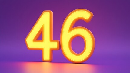 A futuristic 3D number "46" in neon yellow, glowing on a solid matte purple background,