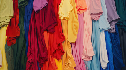 close up of colorful fabrics, colorful tshirts