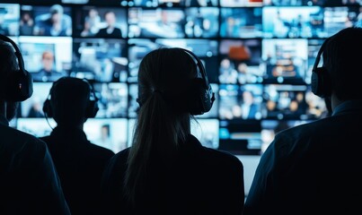Silhouetted figures wearing headphones, watching screens.