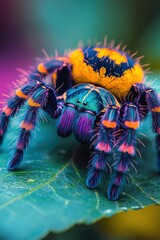 Naklejka premium Vibrant tarantula on a leaf, closeup, detailed and colorful