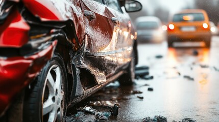 Fototapeta premium Cars Colliding on Wet Road in Focus