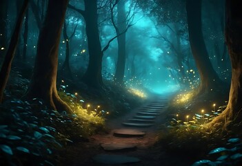 Gloomy fantasy forest scene at night with glowing lights