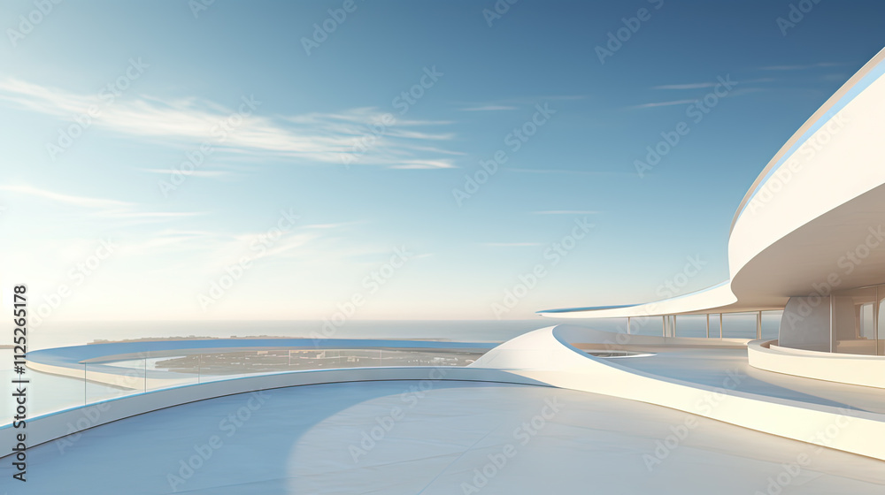 Poster Abstract architecture scene with smooth curves. Abstract background with futuristic building in white and blue colors.