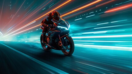 futuristic motorcycle rider zooms down a neon-lit highway at night, creating a sense of speed and adventure. dynamic high-speed racing and cutting-edge technology.