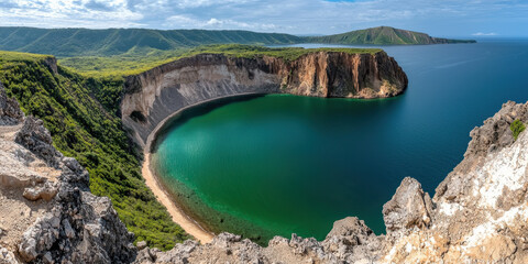 Crater Lake Formation, A stunning panoramic view of a coastal landscape featuring a turquoise bay, steep cliffs, and lush greenery under a bright sky.