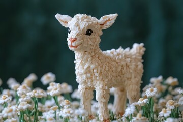 Fototapeta premium A whimsical sculpture of a goat made from pasta, surrounded by small flowers.