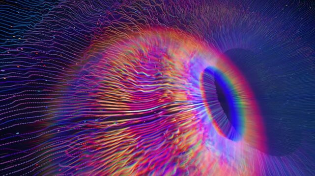 The lines form a hemispherical cosmic eye on a black background that vibrates and moves. Abstract multi color digital animation, three dimensional digitally generated graphic
