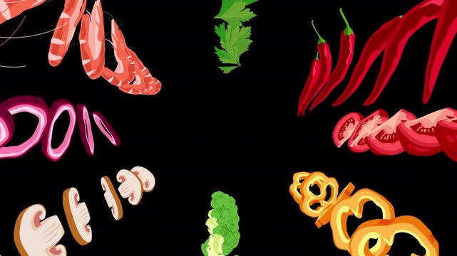 An animated tunnel of food flying towards the camera. Shrimp, seafood, prawns, mushrooms, peppers, paprika, tomatoes, cauliflower and parsley on a transparent alpha channel. Place for text or logo.