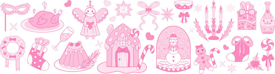 Pink girly coquette christmas set. Merry christmas and happy new year Lovely cute collection, christmas tree decorations with bows, pink ribbon. Vector illustration