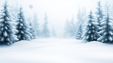 Fototapeta premium A serene winter landscape featuring snow-covered trees and a gentle snowfall creates a peaceful atmosphere, Ideal for seasonal promotions, holiday themes, or winter-related content,