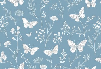 Seamless pattern with butterflies and white flowers