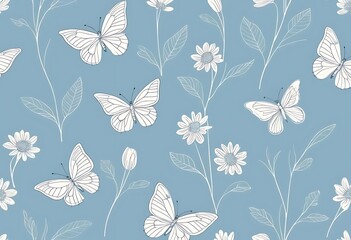 Seamless pattern with butterflies and white flowers