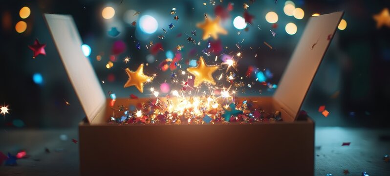 A bright and welcoming open box with confetti and stars bursting out, symbolizing the excitement of receiving a package