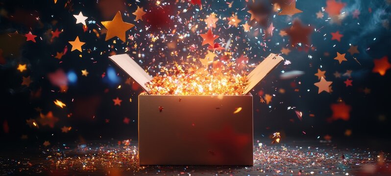 A bright and welcoming open box with confetti and stars bursting out, symbolizing the excitement of receiving a package