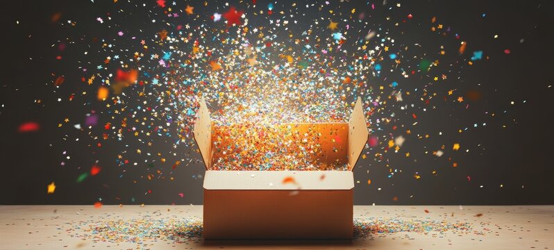 A bright and welcoming open box with confetti and stars bursting out, symbolizing the excitement of receiving a package