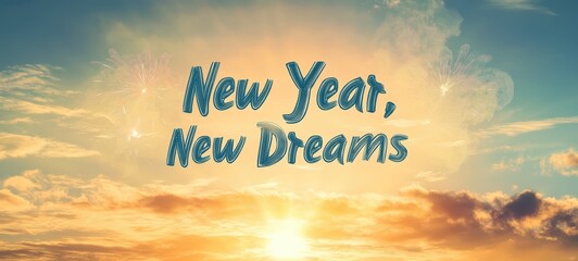A cheerful banner with a bright sunrise and the words "New Year, New Dreams" in a dreamy, soft script, symbolizing fresh opportunities
