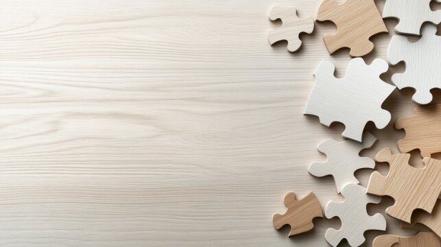 A collection of wooden puzzle pieces scattered on a light wood surface, This image is ideal for concepts related to teamwork, problem-solving, or creativity in educational materials,