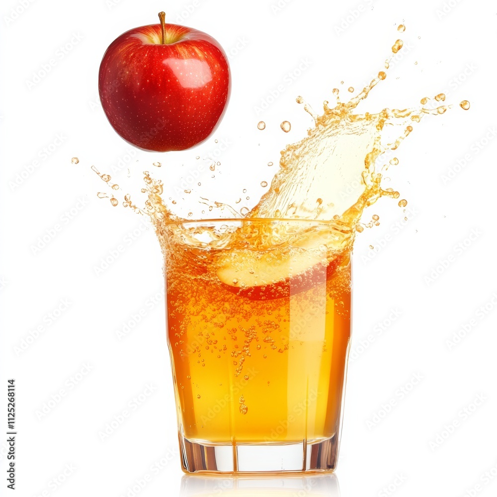 Poster apple juice splash with fresh red apple falling isolated on white background.