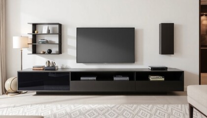 TV cabinet designs for living room featuring a sleek, low-profile unit with clean lines, glass shelves, and modern finishes