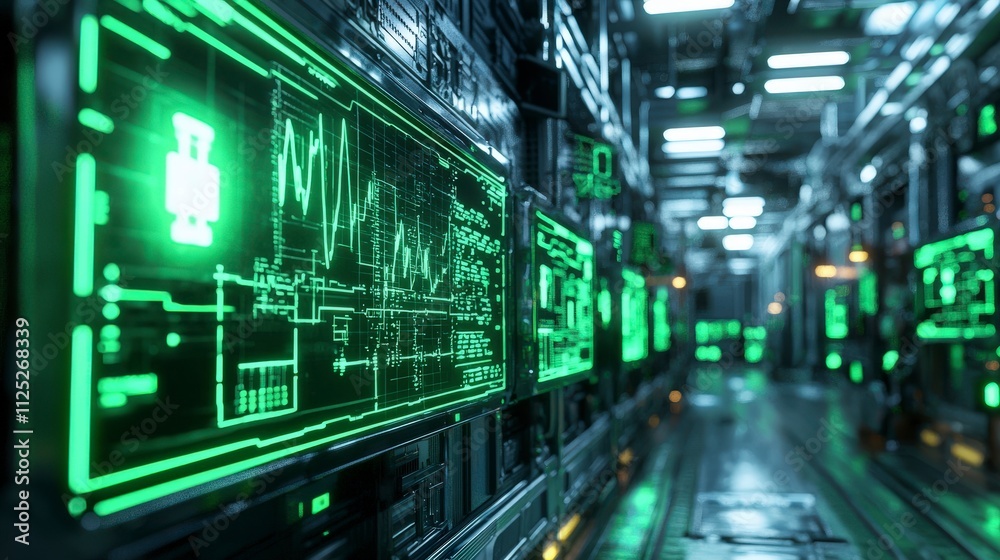 Poster futuristic green energy data centers renewable electricity networks and digital screens in a technic
