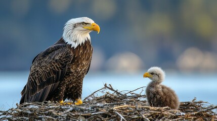 Majestic bald eagle stands watch over its fluffy eaglet perched on a nest made of twigs and branches. The tranquil waters reflect the soft light of dawn, creating a peaceful atmosphere