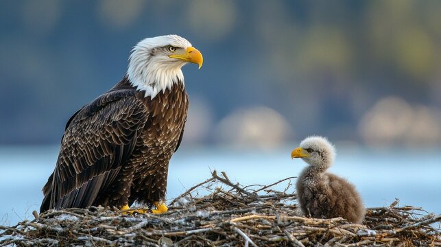 Majestic bald eagle stands watch over its fluffy eaglet perched on a nest made of twigs and branches. The tranquil waters reflect the soft light of dawn, creating a peaceful atmosphere