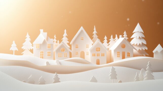 Delicate paper-cut village features charming houses and trees surrounded by a tranquil winter landscape, illuminated by golden light. Generative AI